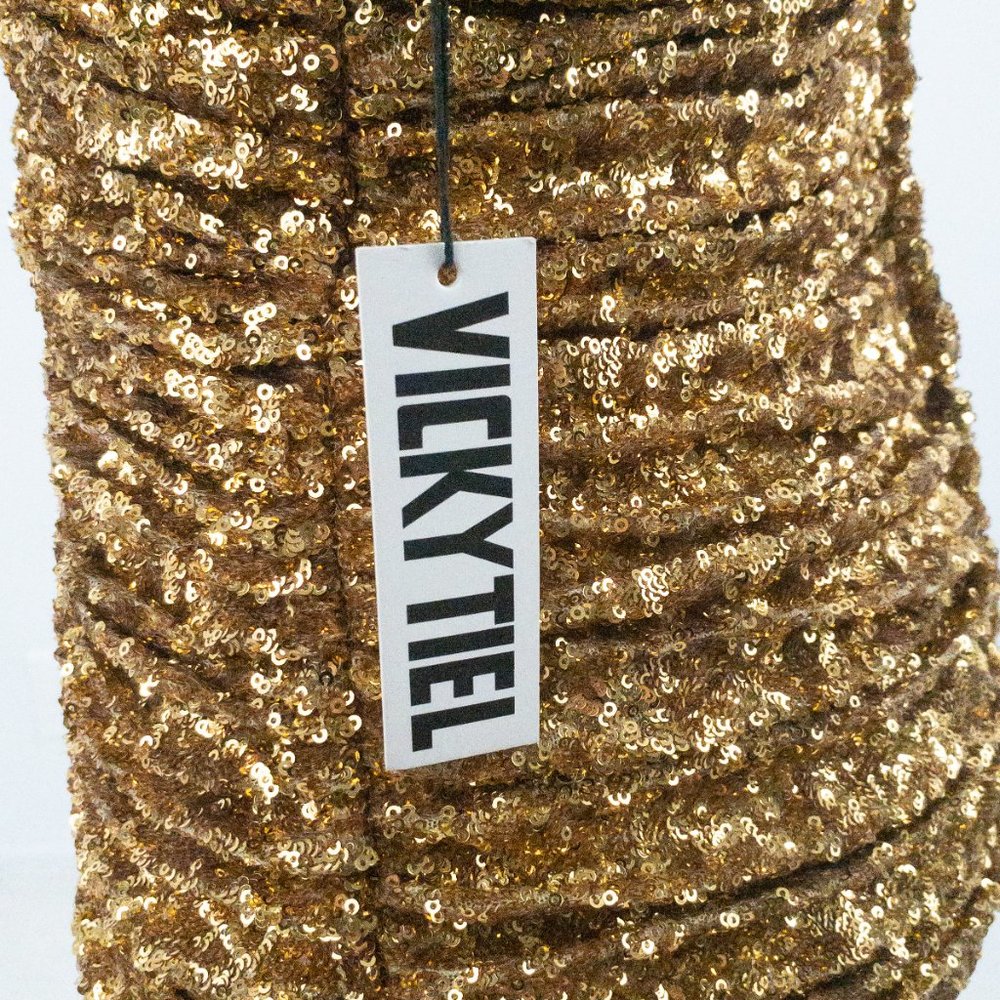 Vintage 90s SM Ruched Sequin Mini Party Dress Gold - Picture 3 of 16